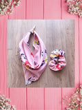 PINK FLORAL-Baby bandana and Mama Scrunchie & Headband