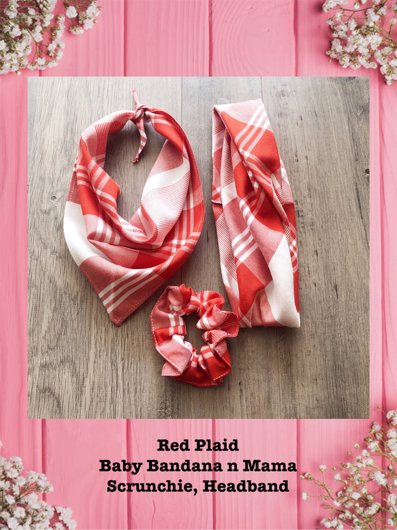 RED PLAID-Baby bandana and Mama Scrunchie & Headband