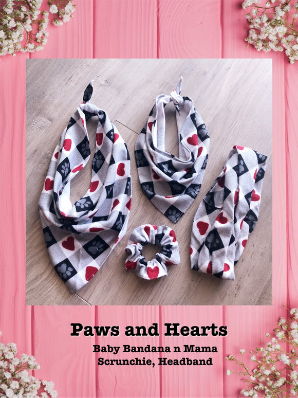 PAWS AND HEARTS-Baby bandana and Mama Scrunchie & Headband