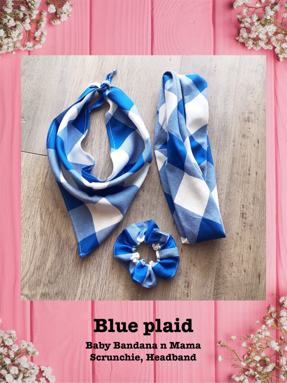 BLUE PLAID-Baby bandana and Mama Scrunchie & Headband