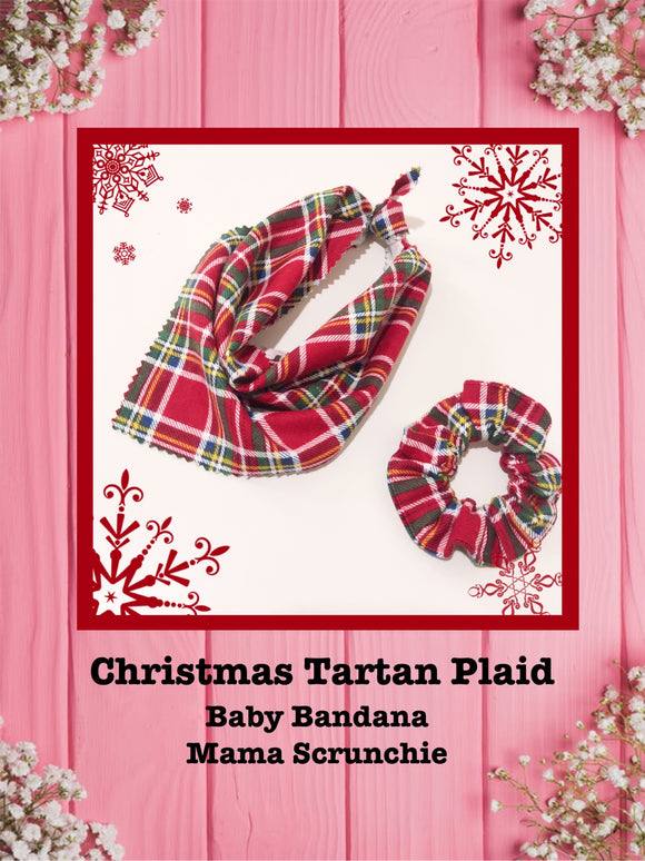 Christmas Tartan Plaid-Baby bandana and Mama Scrunchie