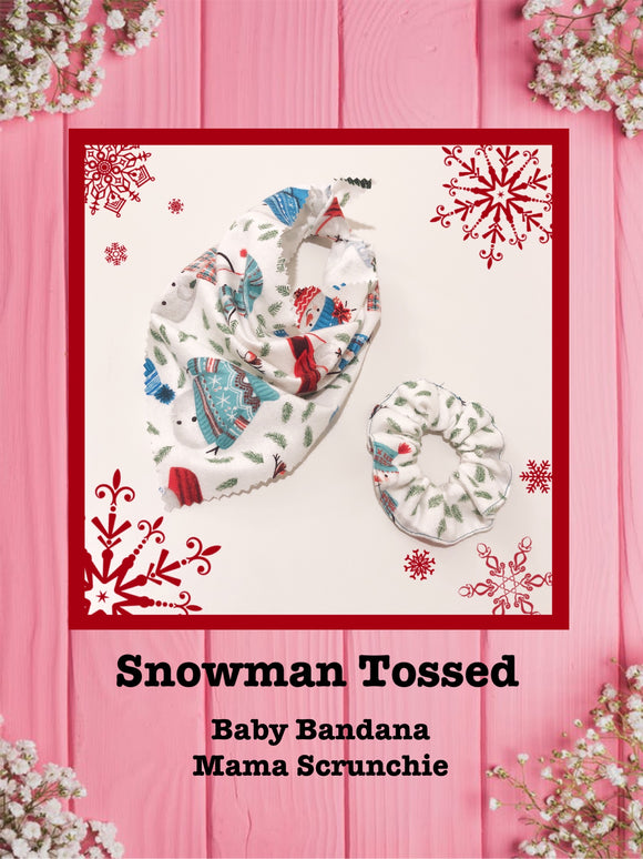 Snowman Tossed-Baby bandana and Mama bow headband