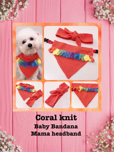 Coral Knit-Baby bandana and Mama bow Headband