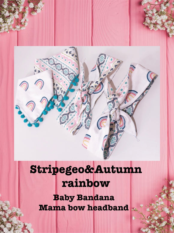 Stripe Geo & Autumn Rainbow-Baby bandana and Mama bow headband