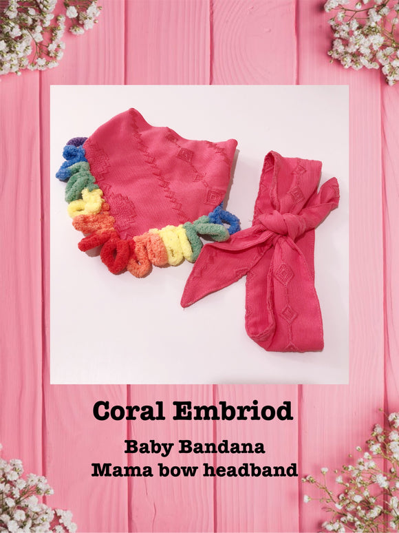 Coral Embriod -Baby bandana and Mama bow Headband