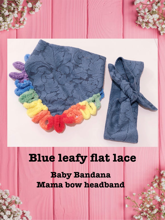 Blue Leafy flat lace -Baby bandana and Mama Bow Headband