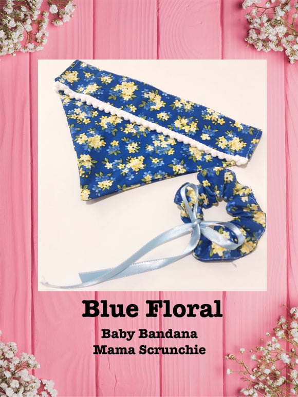 Blue Floral- Baby bandana and Mama Scrunchie