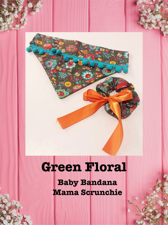 Green Floral- Baby bandana and Mama Scrunchie