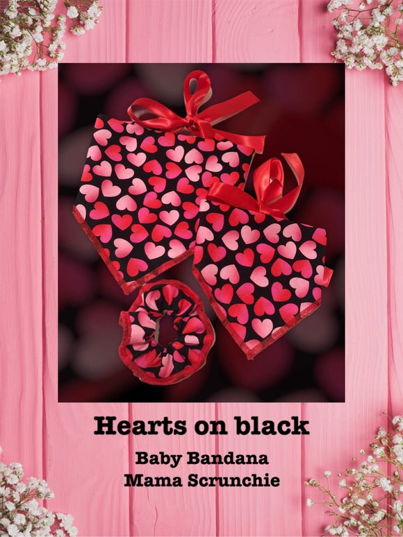 Hearts on Black- Baby bandana and Mama Scrunchie