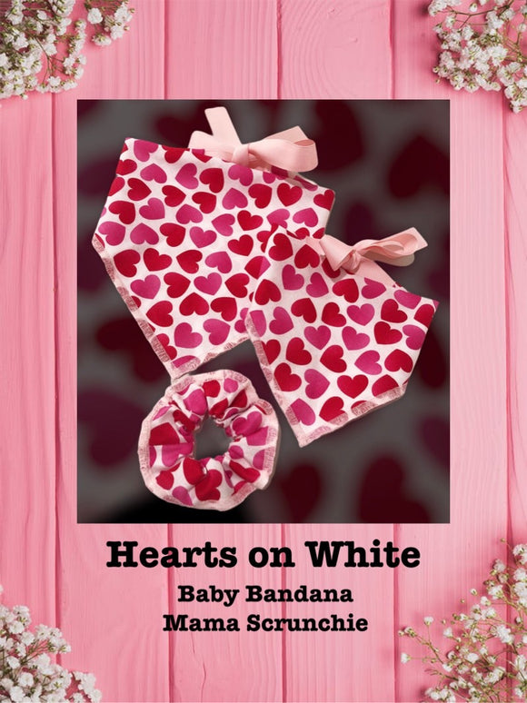 Hearts on White - Baby bandana and Mama Scrunchie
