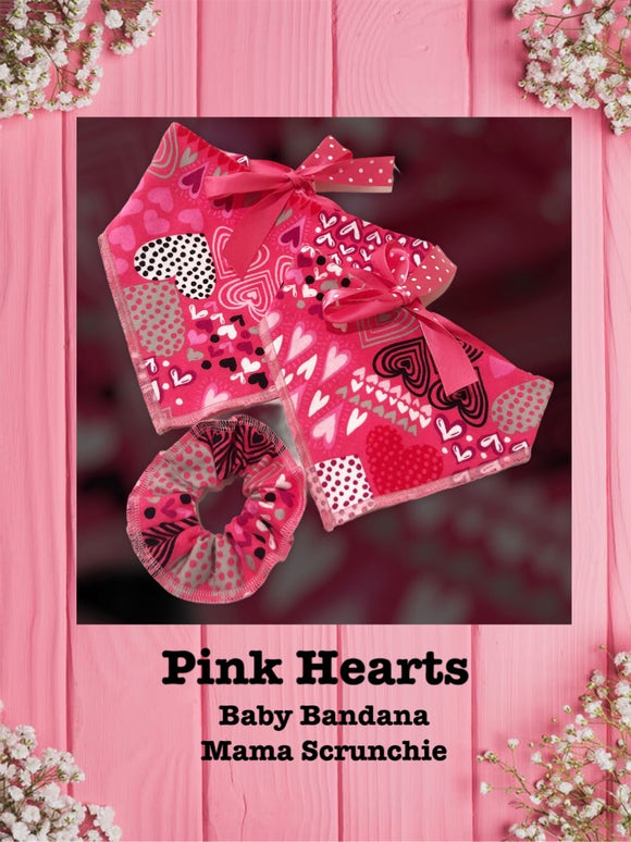 Pink Hearts - Baby bandana and Mama Scrunchie