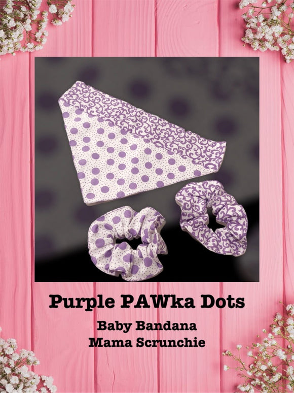 Purple PAWka Dots-Baby bandana and Mama Scrunchie