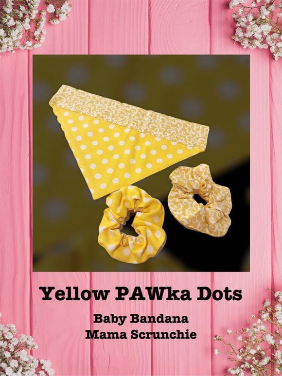 Yellow PAWka Dots-Baby bandana and Mama Scrunchie