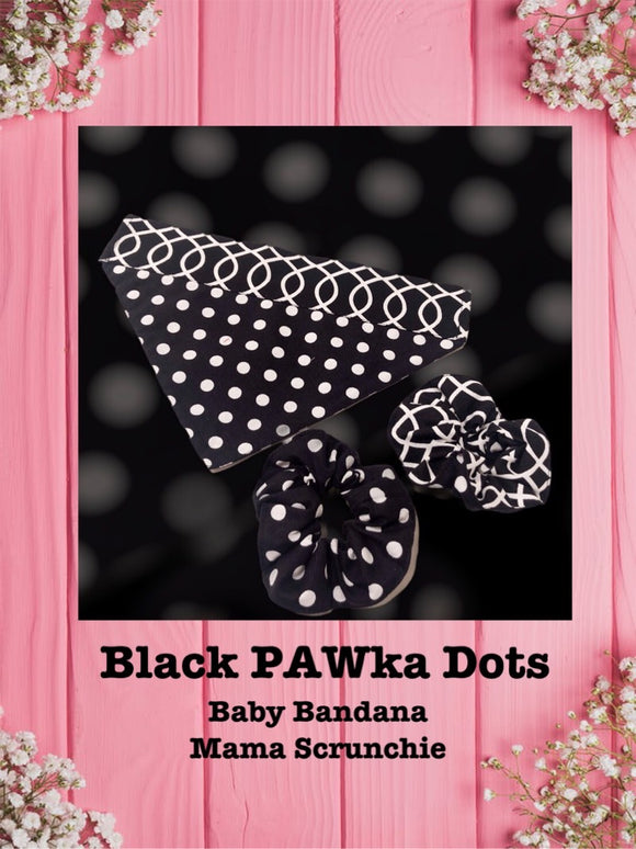 Black PAWka Dots-Baby bandana and Mama Scrunchie