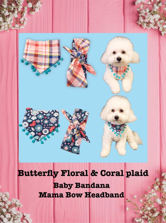 Butterful Floral & Coral Plaid -Baby bandana and Mama bow headband
