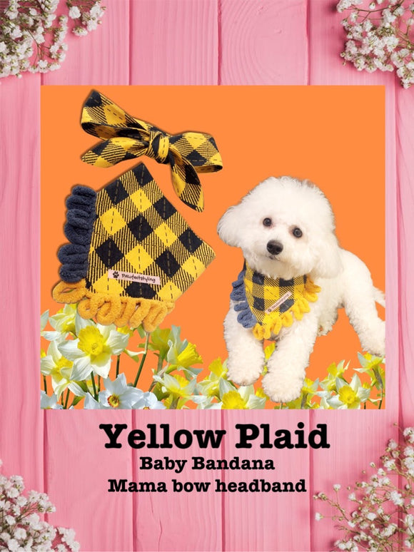 Yellow Plaid-Baby bandana and Mama bow headband