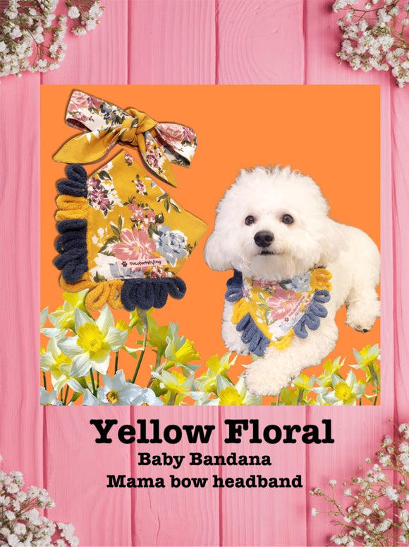 Yellow Floral-Baby bandana and Mama bow headband
