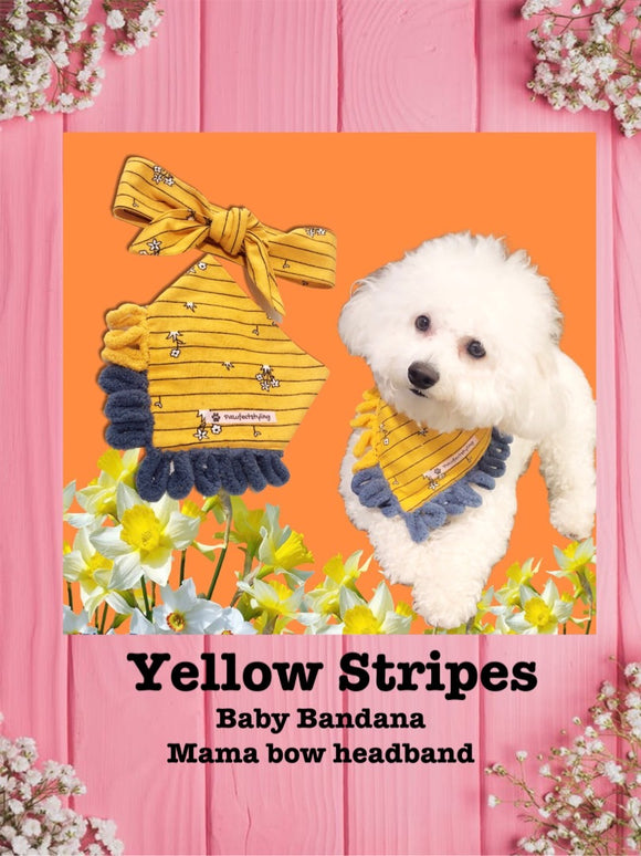 Yellow Stripes-Baby bandana and Mama bow headband