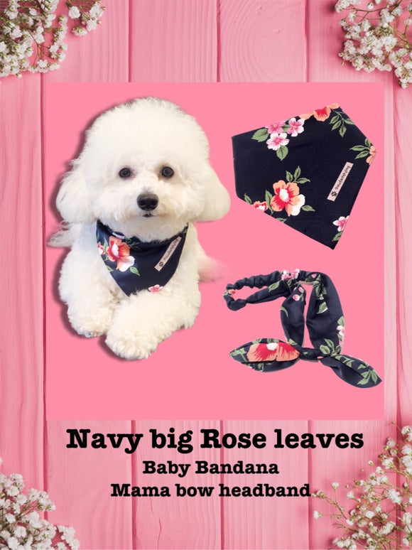 Navy Big Rose Leaves-Baby bandana and Mama Bow Headband