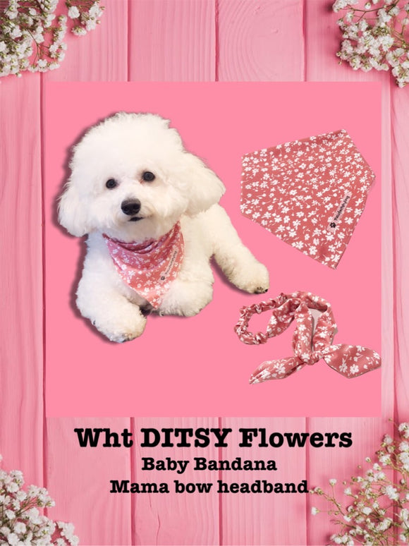 Wht DITSY Flowers--Baby bandana and Mama bow Headband