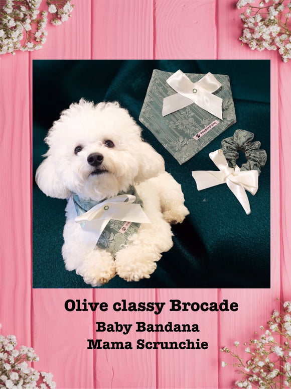 Olive Classy Brocade-Baby bandana and Mama Scrunchie