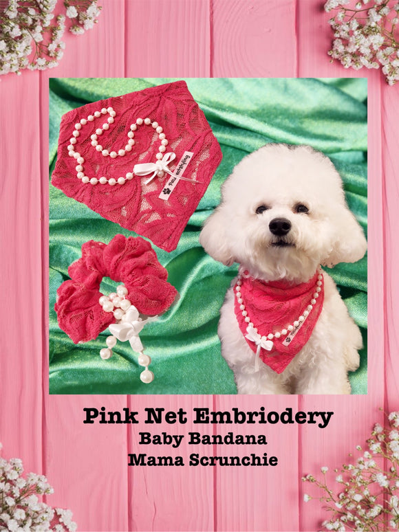 Pink Net Embroidery--Baby bandana and Mama Scrunchie