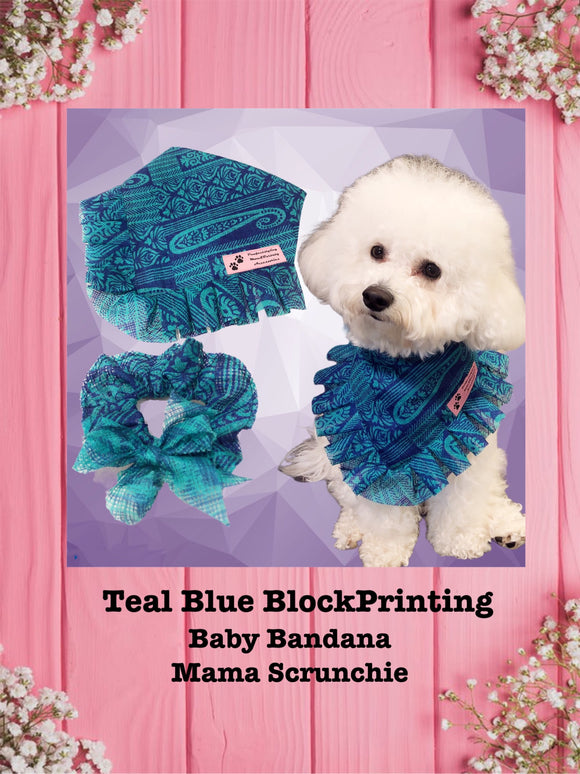 Teal Blue BlockPrinting-Baby bandana and Mama Scrunchie