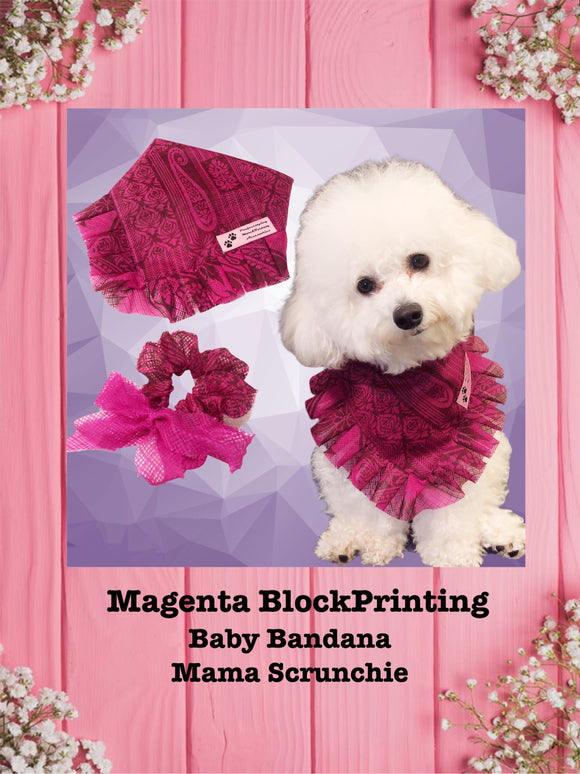 Magenta Block printing-Baby bandana and Mama Scrunchie