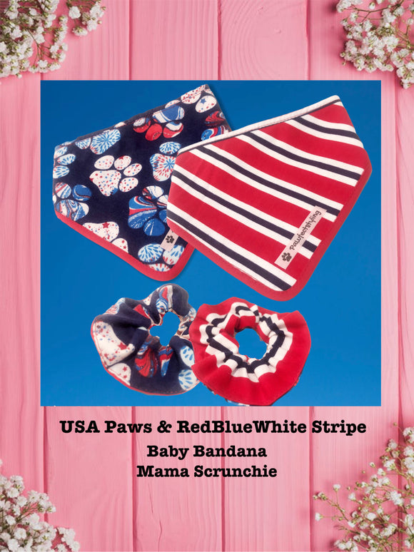 USA Paws & RedBlueWhite Stripe-Baby bandana and Mama Scrunchie