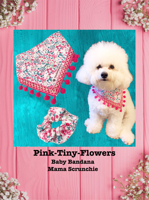 Pink-Tiny-Flowers-Baby bandana and Mama Scrunchie