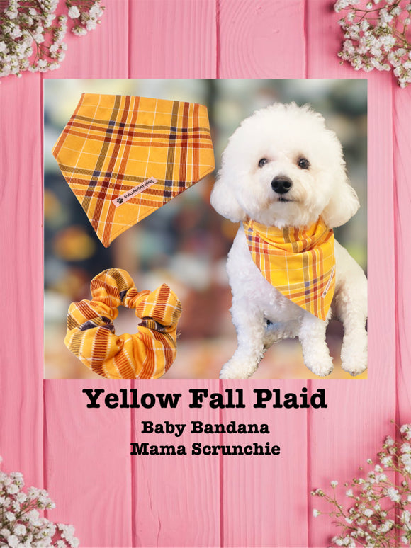 Yellow Fall Plaid-Baby bandana and Mama Scrunchie