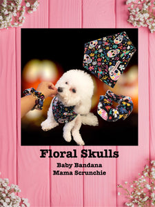 Floral skulls- Baby Bandana and Mama Scrunchie