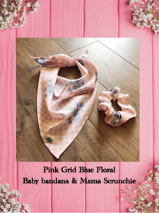 PINK GRID BLUE FLORAL-Baby bandana and Mama Scrunchie