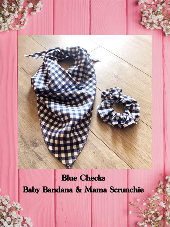 BLUE CHECKS-Baby bandana and Mama Scrunchie